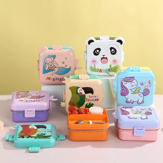 Stainless Steel Leak-Proof Lunch Box with Sauce Bowl – Available in Panda, Parrot, Unicorn, and Mermaid Characters