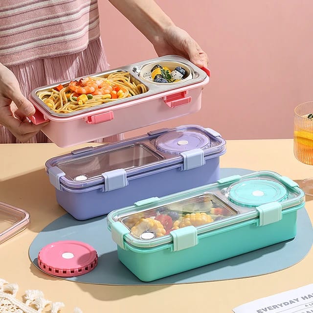 2-Compartment Stainless Steel Lunch Box with Sauce Bowl – Perfect for School & Office