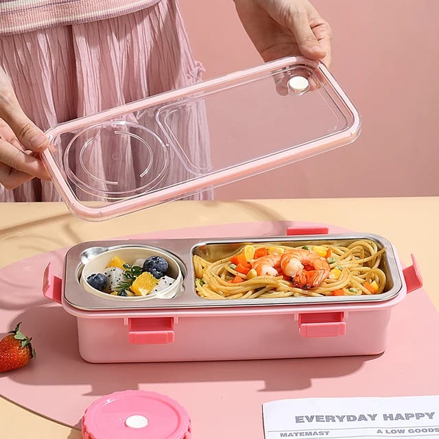 2-Compartment Stainless Steel Lunch Box with Sauce Bowl – Perfect for School & Office