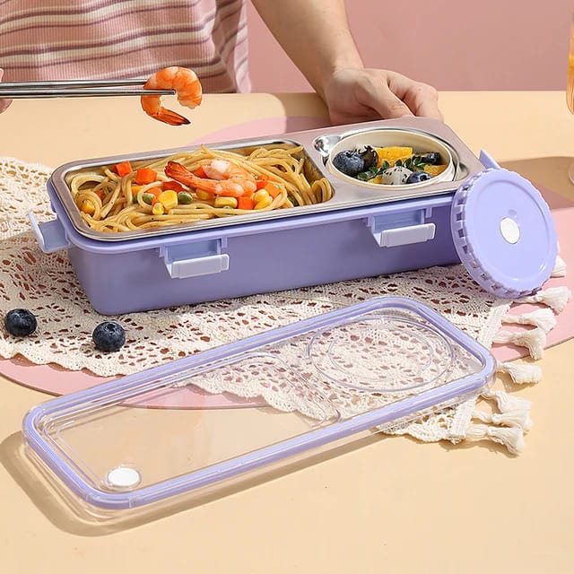 2-Compartment Stainless Steel Lunch Box with Sauce Bowl – Perfect for School & Office