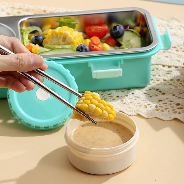 2-Compartment Stainless Steel Lunch Box with Sauce Bowl – Perfect for School & Office