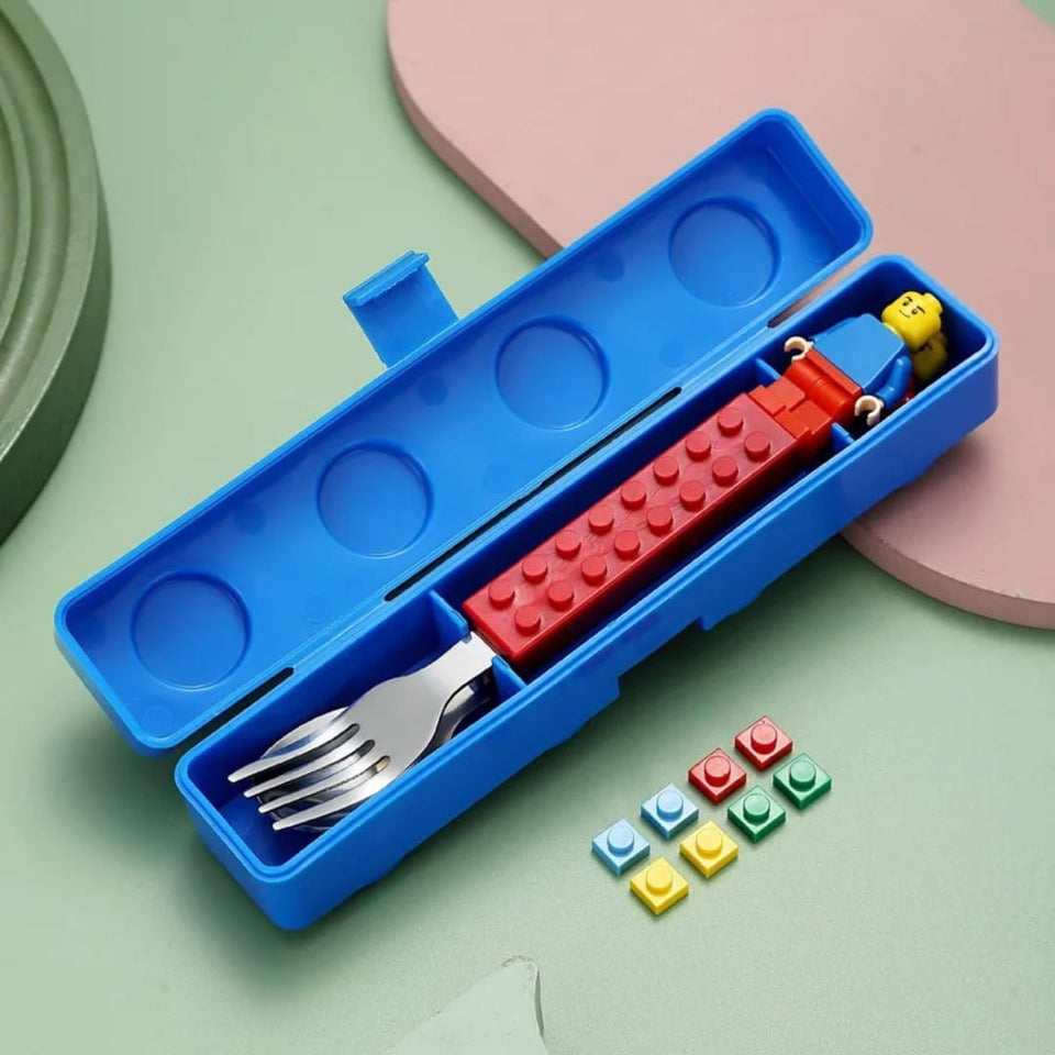 Hot Selling LEGO-Inspired Stainless Steel Cutlery Set – Fun Cartoon Kids Tableware Spoon & Fork