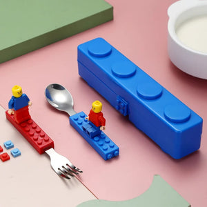 Hot Selling LEGO-Inspired Stainless Steel Cutlery Set – Fun Cartoon Kids Tableware Spoon & Fork