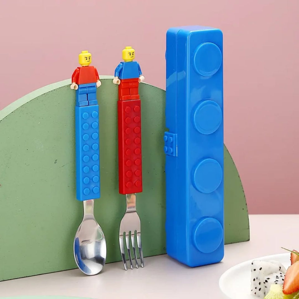 Hot Selling LEGO-Inspired Stainless Steel Cutlery Set – Fun Cartoon Kids Tableware Spoon & Fork