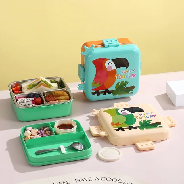 Stainless Steel Leak-Proof Lunch Box with Sauce Bowl – Available in Panda, Parrot, Unicorn, and Mermaid Characters